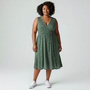 Max Studio Textured Jersey Tiered‎ Midi Dress Cream Green Buds Women's 3X